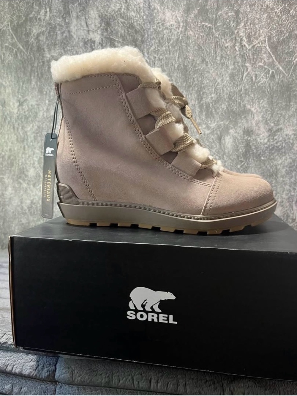 Sorel Taupe Suede Shearling Lace-Up Wedge Boot waterproof